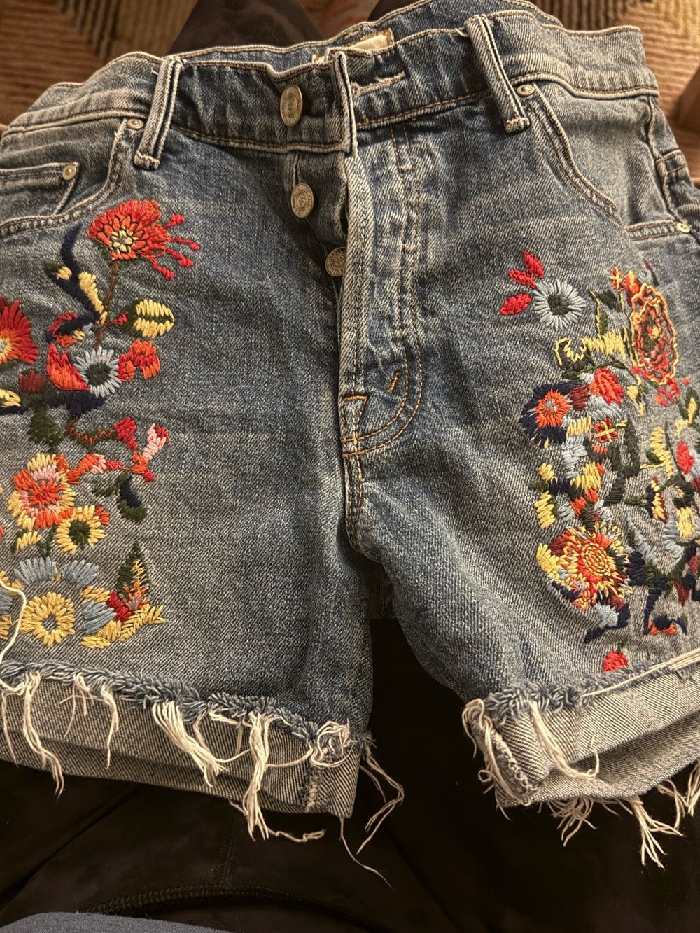 Mother Embroidered Floral Women's Jean cut off cuff shorts with Floral Stitching
